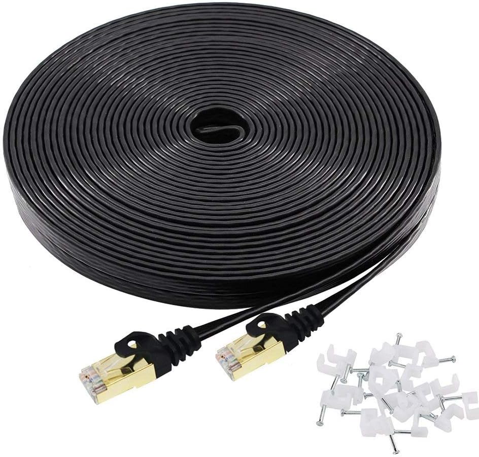 Cat 7 Ethernet Cable 100 ft Black Flat with Cable Clips, Shielded Cat7 Solid Ethernet Patch Cord Fastest Internet RJ45 Higher Speed Than Cat 5e Cat6 Network (100Ft-Blk)