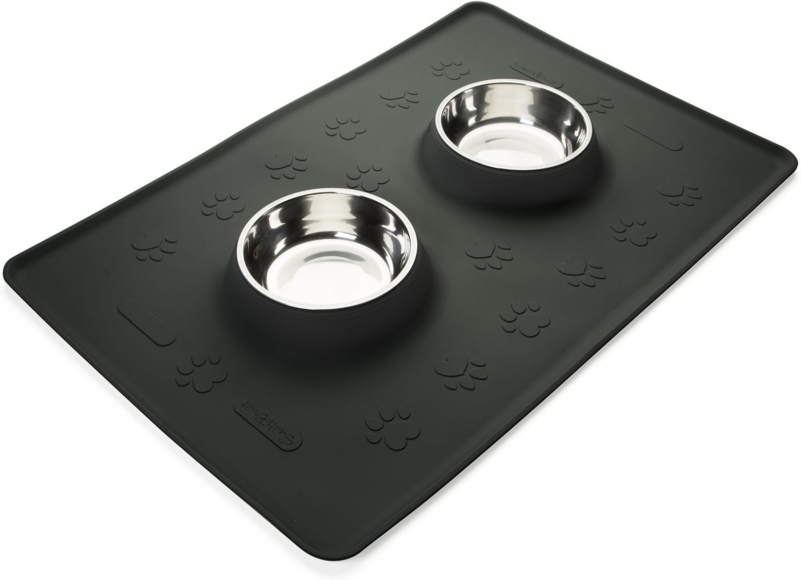 SmithBuilt 24" x 16" Dog Food Mat with Small Removable 16-Ounce Stainless Steel Bowls - Waterproof Silicone Cat Pet Feeding Placemat