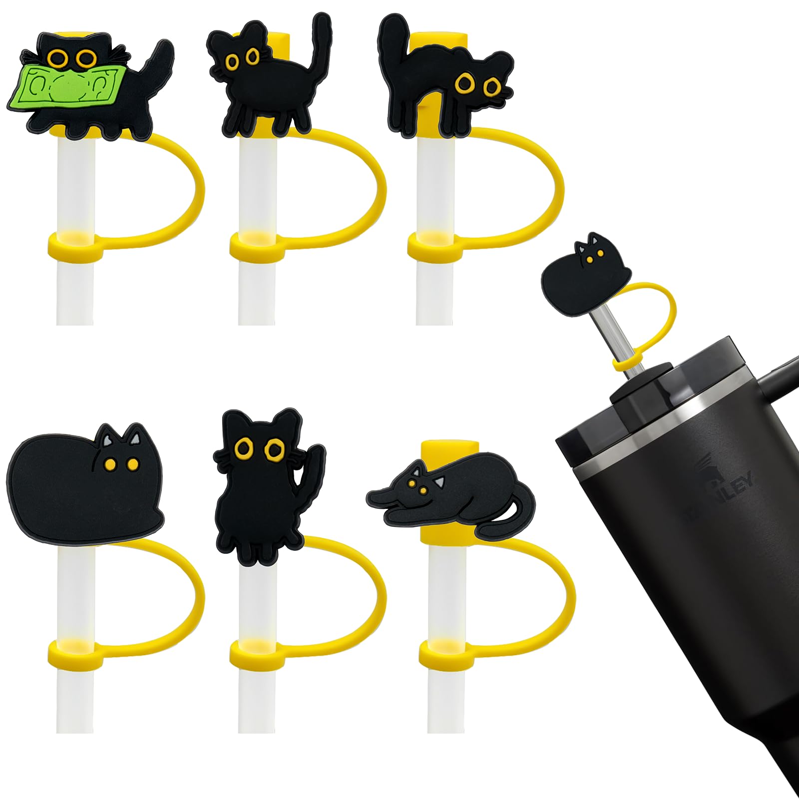 Photo 1 of Amreich Cat Straw Cover Cap for Halloween Stanley Cup - 6PCs Cute Black Cat Straw Toppers for 30 40 Oz Tumbler with Handle Silicone Straw Tips Accessories for 10mm Straws