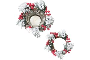 CYIWHI Christmas Candle Ring 2pcs Small Artificial Red Berry Pine Needles Wreath Candle Holder Rings Table Centerpiece (Redberry Snow)