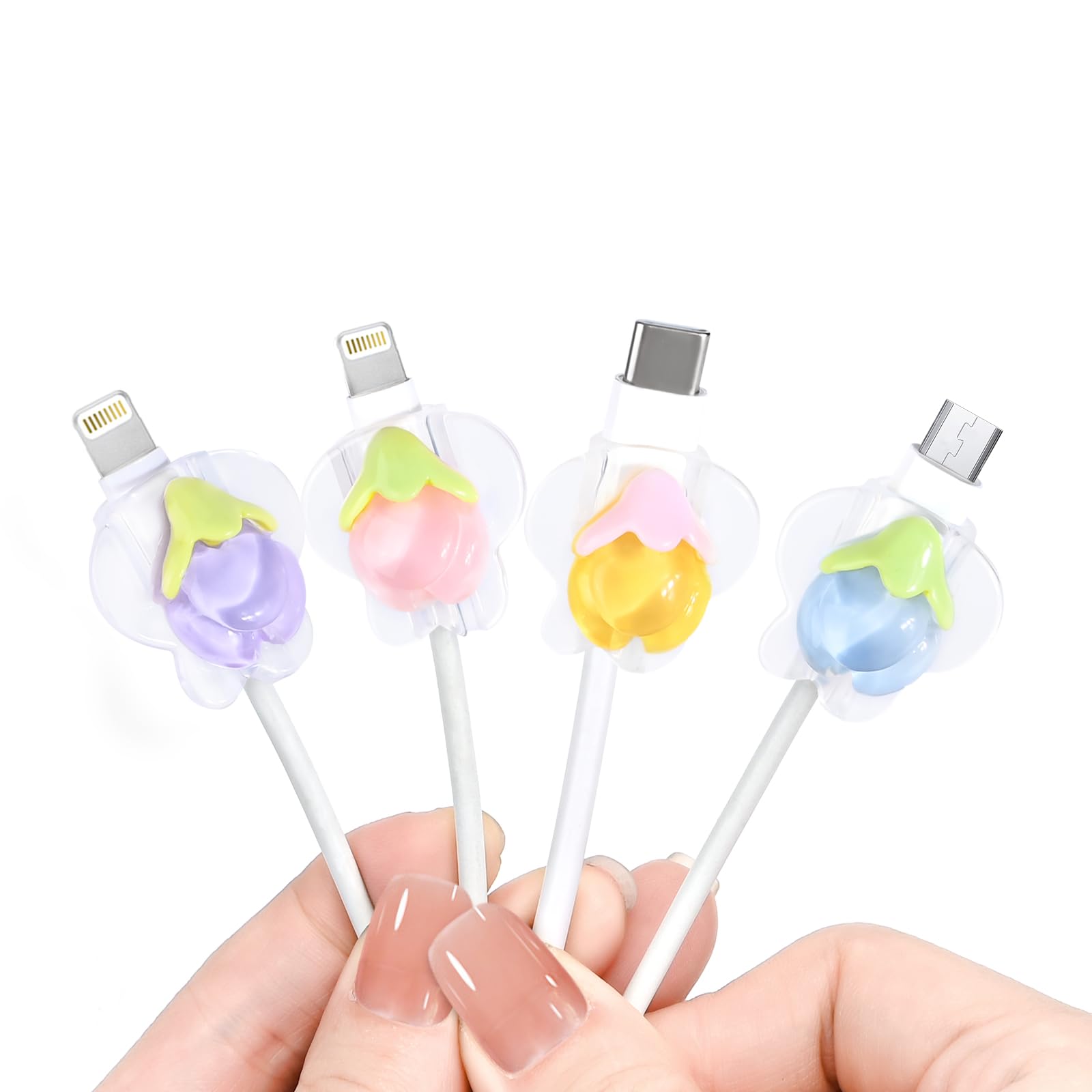 Cute Cable Protector for iPhone Type-c Charger, 4pcs Anti-Break Charging Cord Protector Lovely 3D Flower Design Rabbit Shape,Cord Cover, Cable Sleeve, Cable Chomper-Pink&Purple &Yellow&Blue