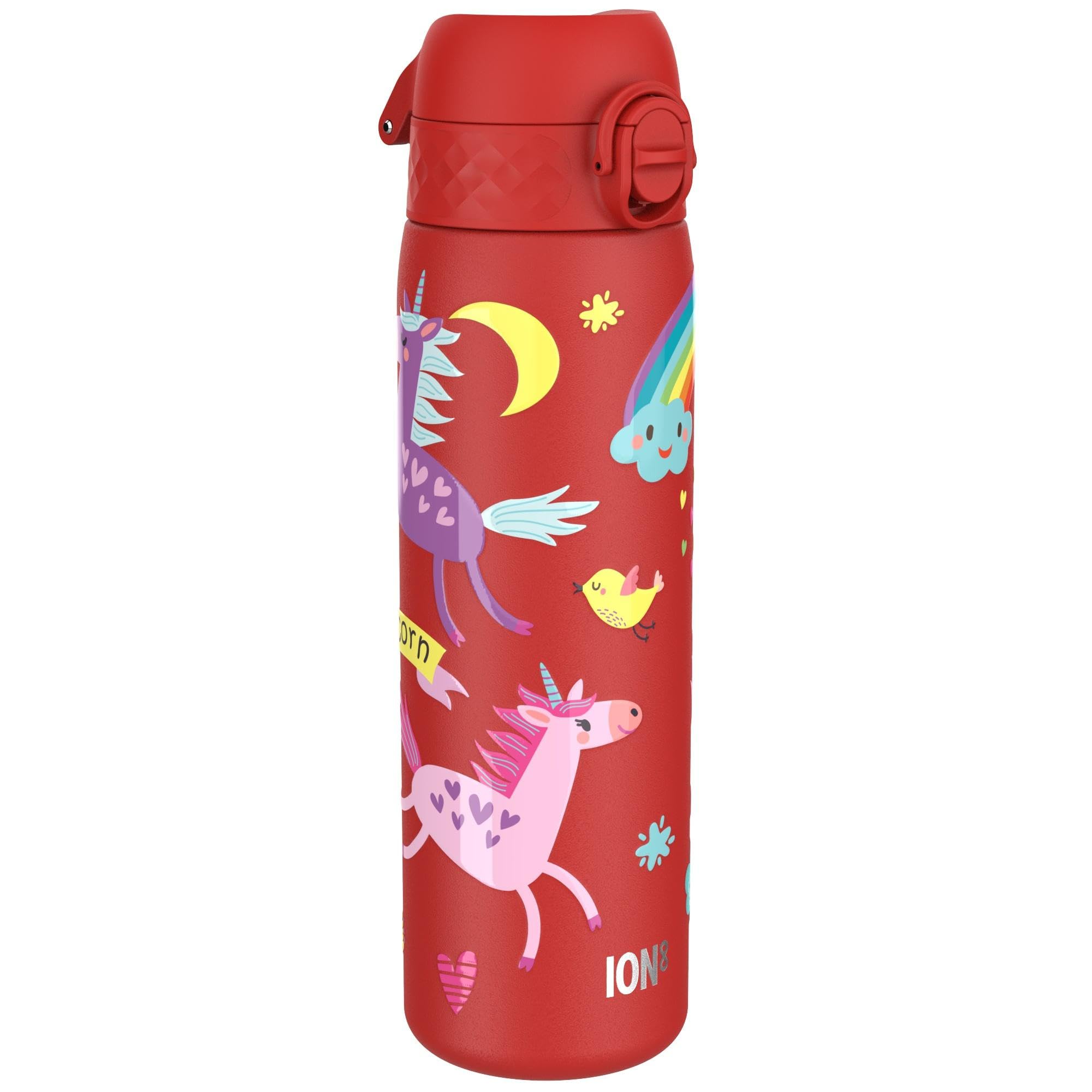 Ion8 Lightweight Steel Water Bottle, 600 ml/20 oz, Non-Insulated, Leak Proof, Easy to Open, Secure Lock, Dishwasher Safe, Flip Cover, Fits Cup Holders, Carry Handle, Metal Water Bottle, Red Unicorns