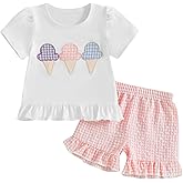 fhutpw Toddler Baby Girls Summer Clothes Smocked Short Sleeve T-Shirt Tops Ruffled Plaid Short Sets Cute Outfits 2Pcs