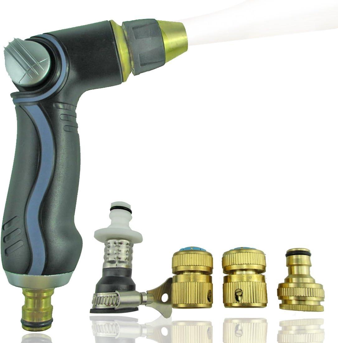 Garden Hose Nozzle / Hand Sprayer - Heavy Duty Metal Watering Nozzle - High Pressure - Flow Control Setting Knob - Suitable for Car Washing, Cleaning, Watering Lawn, Ideal for Washing Dogs & Pets
