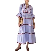utcoco Women's Summer Beach Vacation Boho Striped RIC Rac Dress Flutter 3/4 Sleeve Tiered A Line Flowy Long Dress