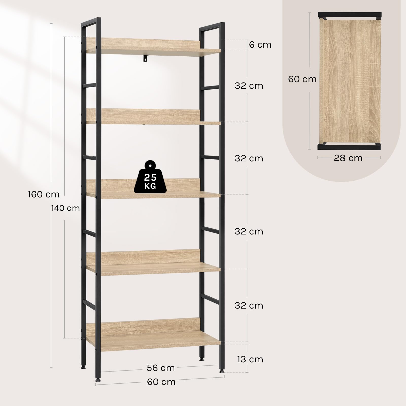 WOLTU Bücherregal, offenes Standregal mit 5 Ebenen, stehendes Regal für Wohnzimmer Schlafzimmer Arbeitszimmer, 60x160x27,5 cm, Schwarz + Helle Eiche 5