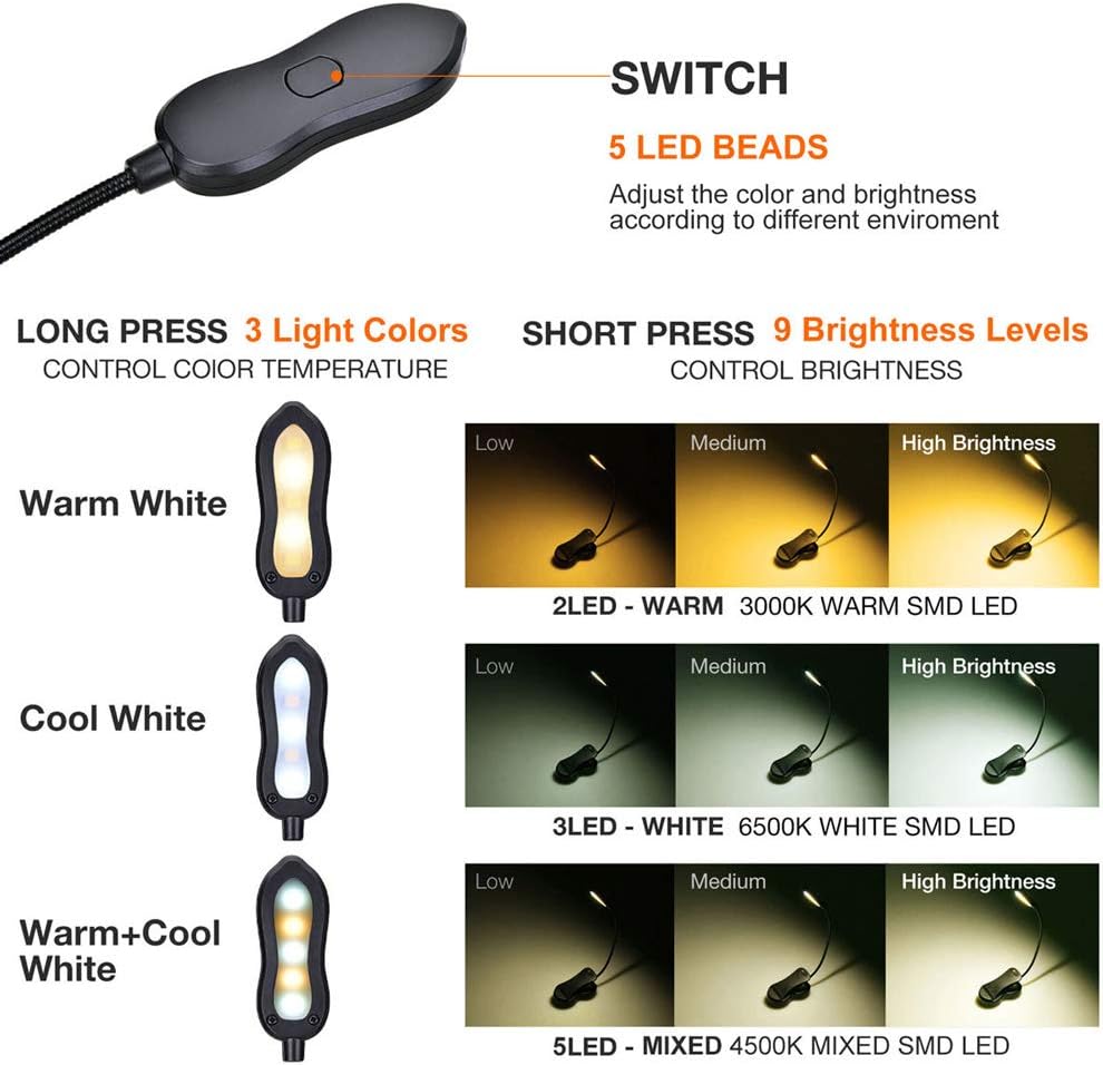 Rechargeable LED Book Light, 2 Warm & 3 White SMD LED, Color and Brightness Adjustable, Clip on Reading Lights for Reading in Bed at Night, 9 Brightness Levels, Lightweight, Ideal for Bookworms, Pian: Home Improvement