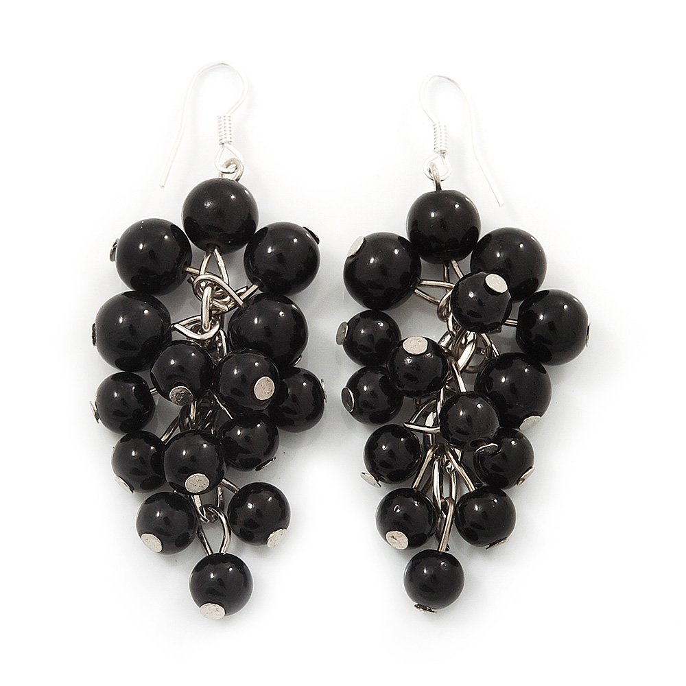 Black Ceramic Bead Cluster Drop Earrings/Silver Tone/ 7cm L