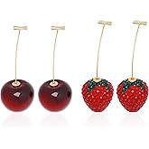 2 Pairs Cherry Strawberry Drop Earrings, Cute Red Strawberry Cherry Dangle Earring Charms Jewelry Earrings for Women
