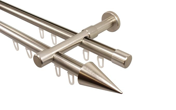 iso-design Edelstahl Optik Gardinenstange mit Innenlauf 2-läufig 20 mm Endstück Spitze, 280 cm (2 x 140 cm)
