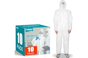 FURWEY Hazmat Suits 10 Pack Disposable Coveralls, with Elastic Wrists, Ankles and Hood, Available in 4 sizes