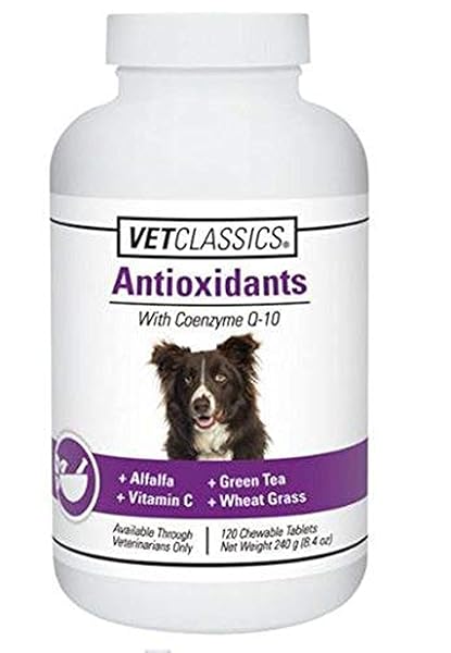 VET CLASSICS ANTIOXIDANTS WITH COENZYME Q-10 FOR DOGS, WITH ALFALFA, GREEN TEA, VITAMIN C, & WHEAT GRASS, 120 CHEWABLE TABLETS