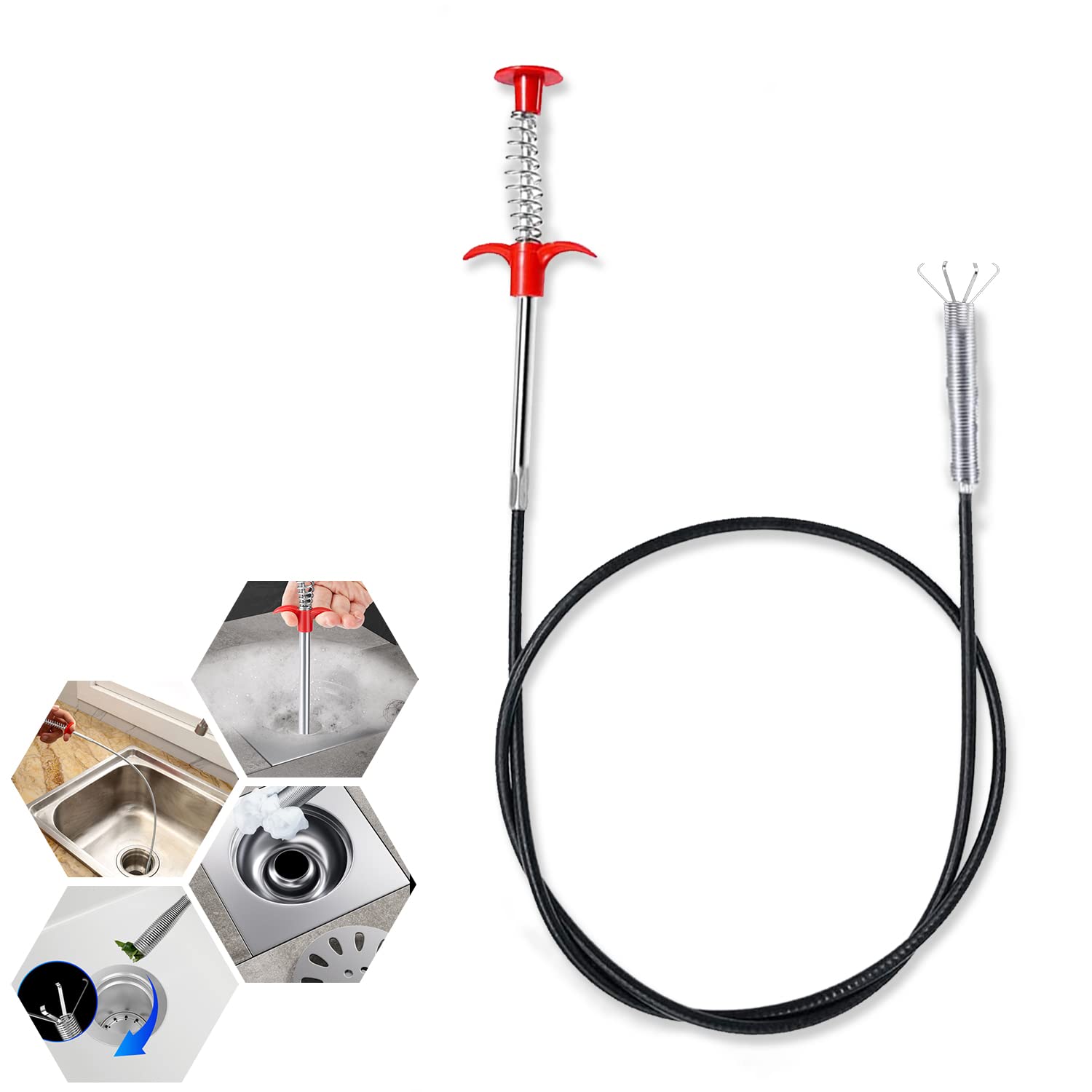 Flexible Strong Sink Unblocker - 160 CM Drain Snake Grabber Spring Tool for Kitchen Sink Bathroom Tub Drains (Black)