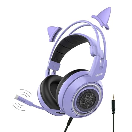 Somic G951 Violett Gaming-Headset mit Mikrofon für PS4, Xbox One, PC, Handy, Surround-Sound, abnehmbare Katzen-Ohr-Kopfhörer,