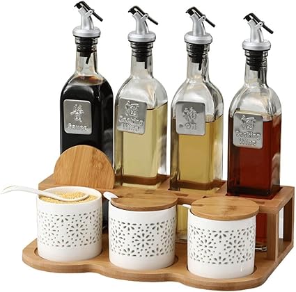 Amazon キッチン家庭用ガラスのオイルボトルの組み合わせセラミック調味料ボックス 調味料ボトル 調味料 スパイスラック 通販