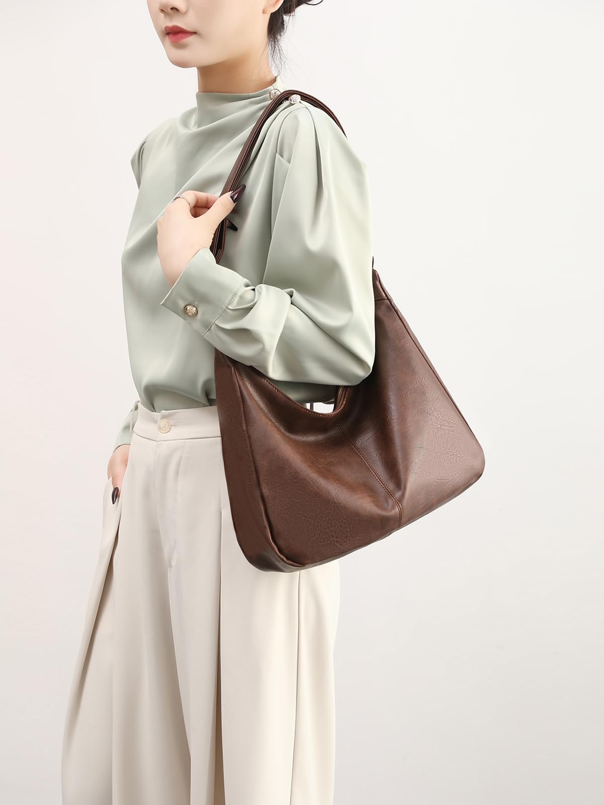 NIUEIMEE ZHOU Hobo Bags for Women Foldable Vegan Leather Shoulder Handbag Slouchy Tote Crossbody Purses