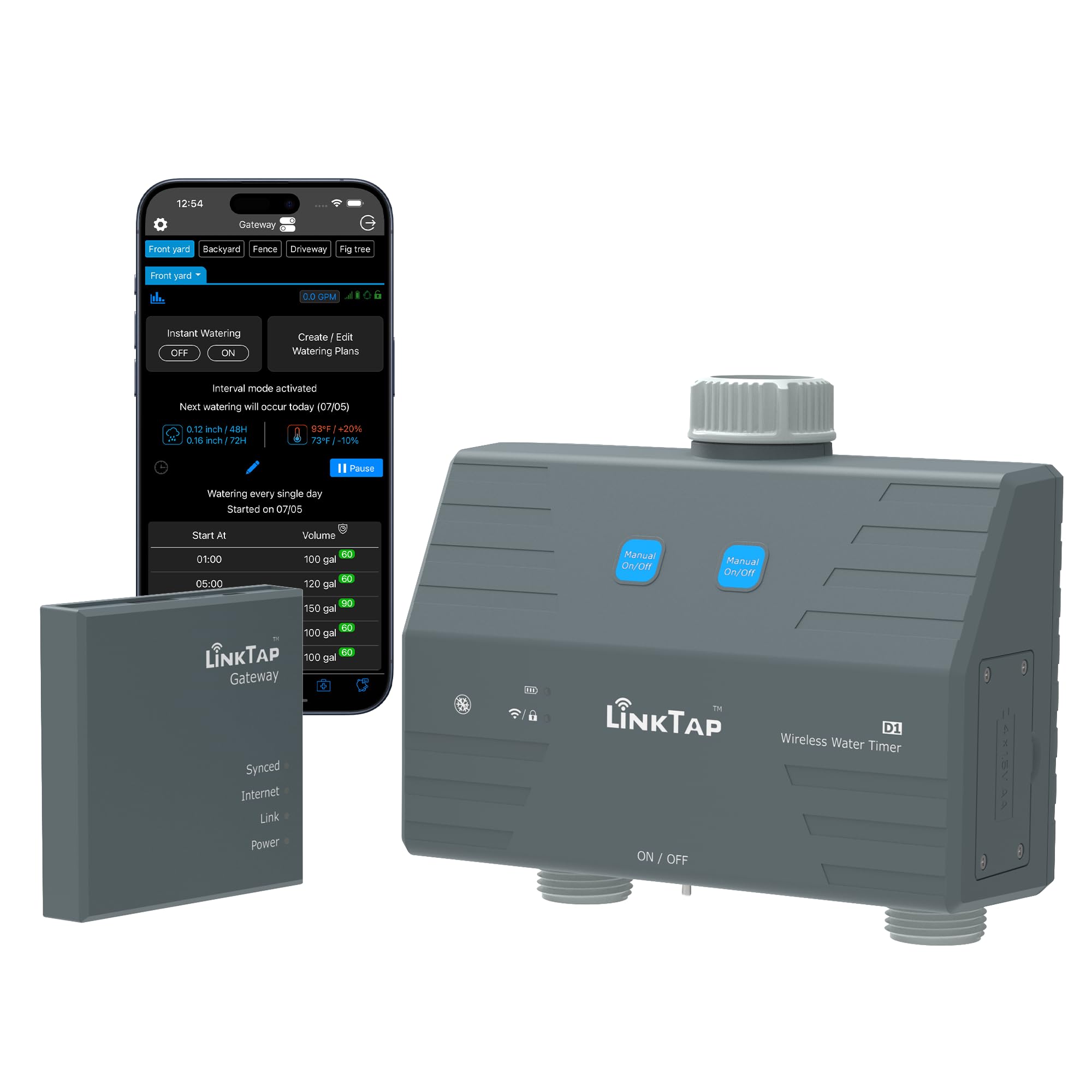 LinkTap D1 Wireless Water Timer & Gateway - 2 Zone Smart Hose Tap Timer, Built-in Flow Meters, Real-Time Fault Detection & Notification, Weather Adaptive, Better Range Than WiFi, IP66, 2-Year Warranty