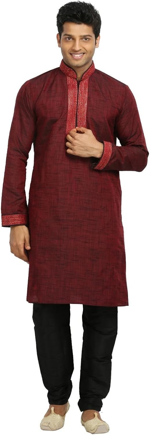 Exquisite Linen Maroon Men's Readymade Kurta at Amazon Men’s Clothing store