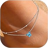 ChicSilver 925 Sterling Silver Anklets for Women Waterproof, Sparkling Birthstone Ankle Bracelets for Women, Adjustable Layered Butterfly Anklet Summer Beach Jewelry