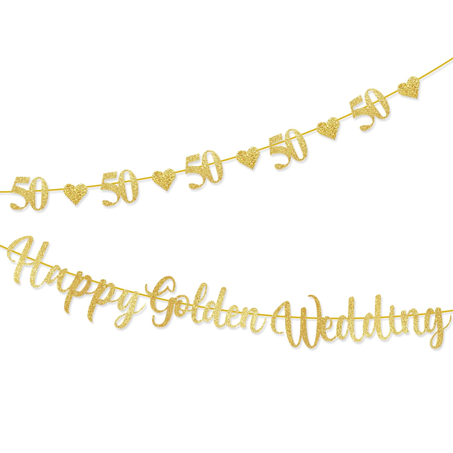 50th Happy Golden Wedding Anniversary Banner, 50th Golden Glitter Anniversary Bunting Banner, Wedding Decorations Celebration Party