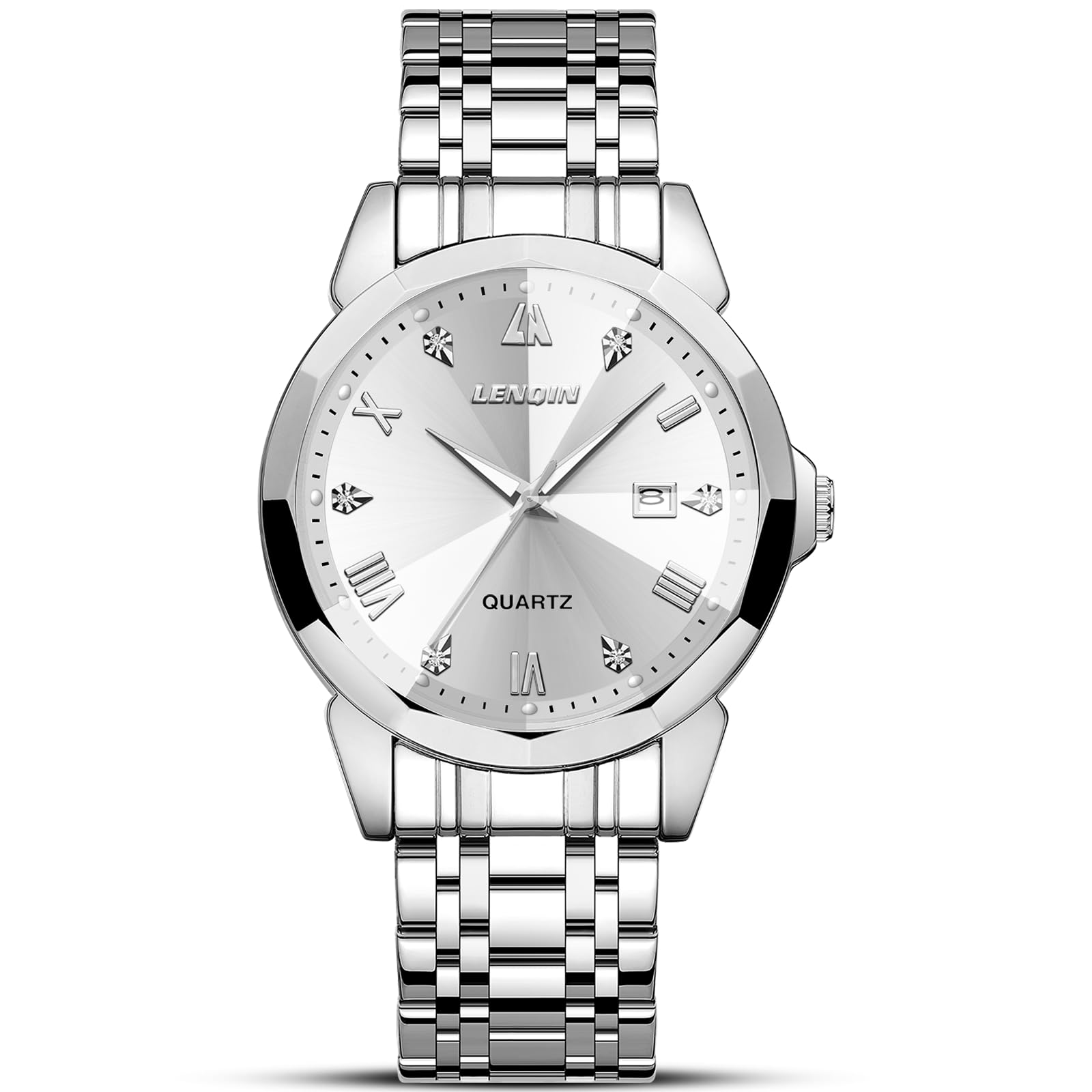 LN LENQIN Mens Watches Stainless Steel Watches for Men Waterproof Analog Quartz Date Diamond Business Dress Luxury Men's Wrist Watches