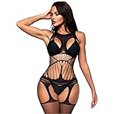 ELEGANT LAM Womens Fishnet Bodystocking Mesh bodysuit One Piece Jumpsuit Sexy Exotic Lingerie Teddy Lingerie Nightwear