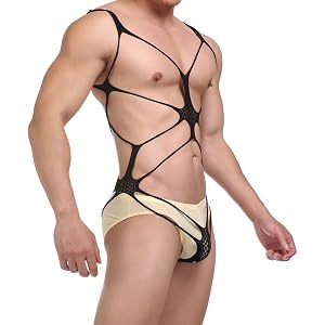 Men's Black Open Chest Lingerie Bodysuit with Elastic Strappy Fit Bra Underwear Set