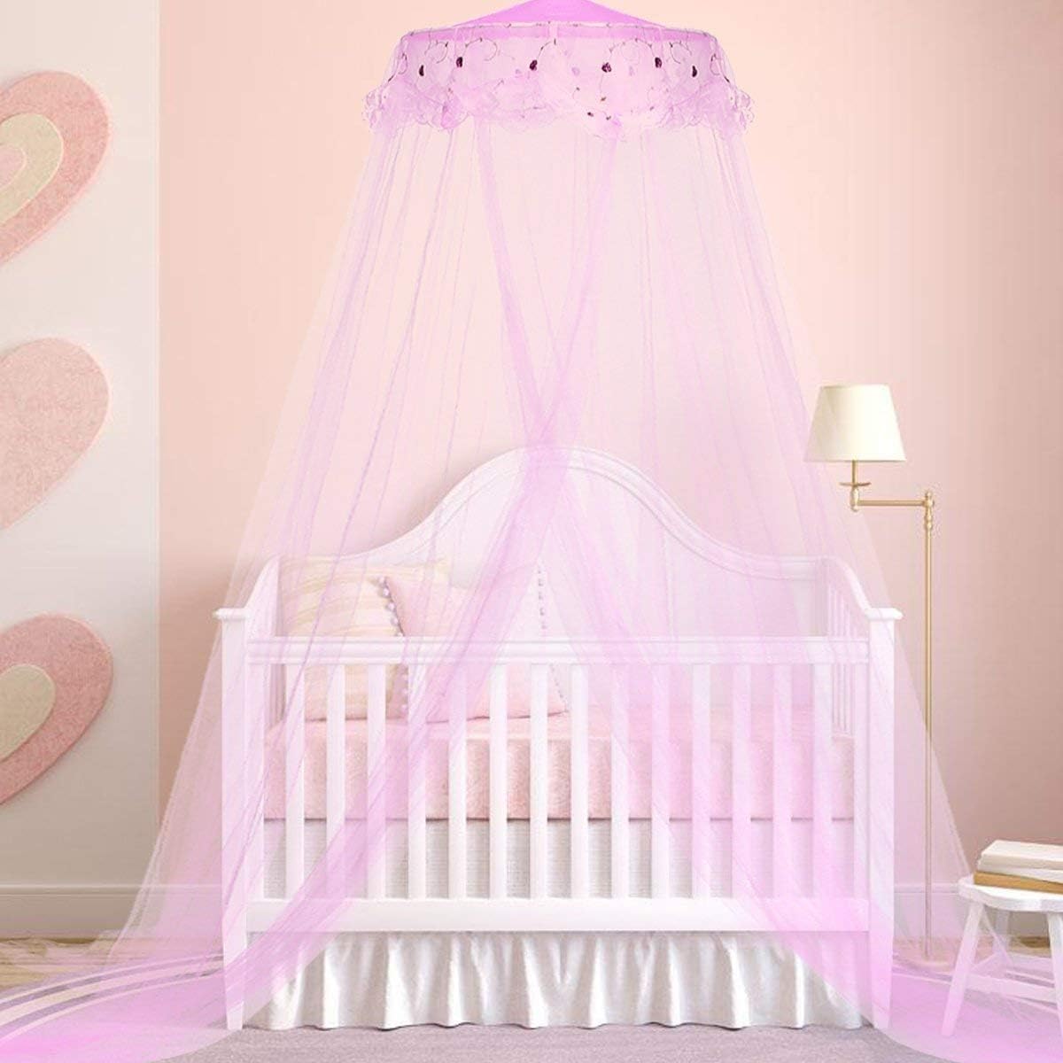 Jeteven Girl Bed Canopy Lace Mosquito Net for Girls Bed, Princess Play Tent Reading Nook Round Lace Dome Curtains Baby Kids Games House (Purple): Home & Kitchen