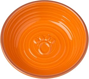 PetRageous 13043 Key West Embossed Paw Stoneware Saucer 5-Inch Diameter and 1.25-Inch Tall Saucer with 6-Ounce Capacity and Dishwasher and Microwave Safe for Small Dogs and Cats, Orange