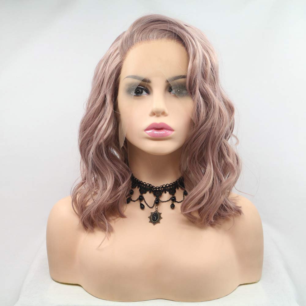 Side Part Smoky Pink Wig Short Wave Hair Heat Resistant Synthetic Lace Front Wigs For Women Girls Summer Cosplay Drag Queen Wig Natural Hairline (14 Inch, Smoky Pink/lace front wig)