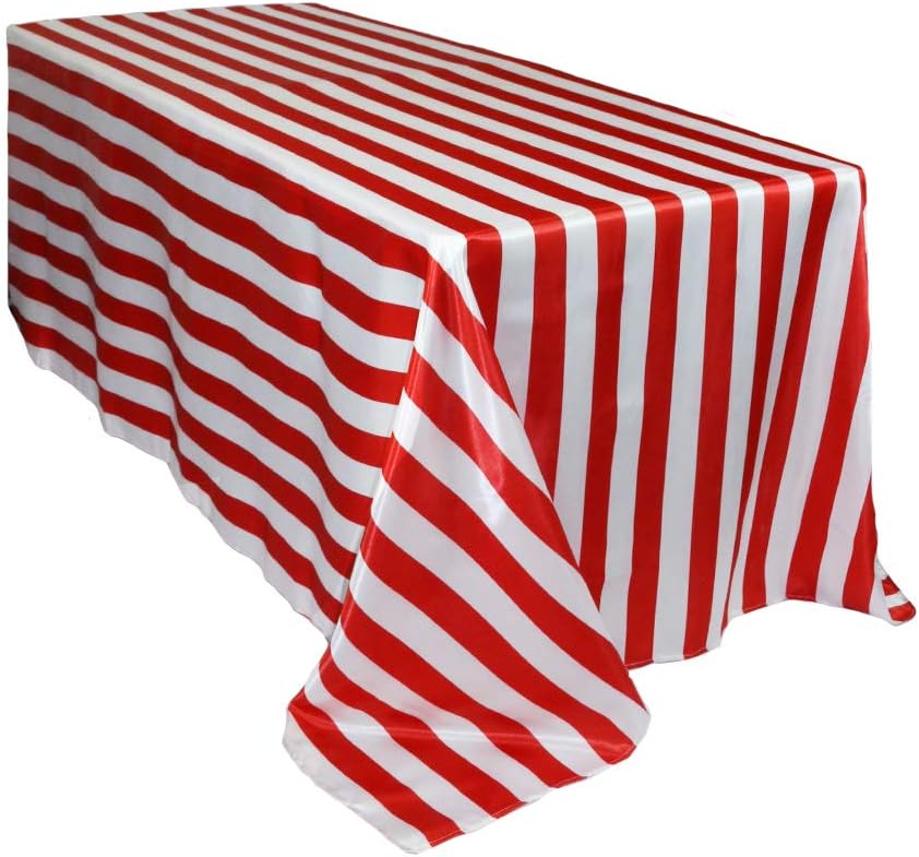 Your Chair Covers - 90 x 156 inch Rectangular Satin Tablecloth - Red/White Striped, Rectangle Shiny Satin Table Linens for 8 ft Rectangular Tables