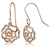 Sterling Silver High Polished Diamond-cut Filigree Rose Flower Dangle Earrings