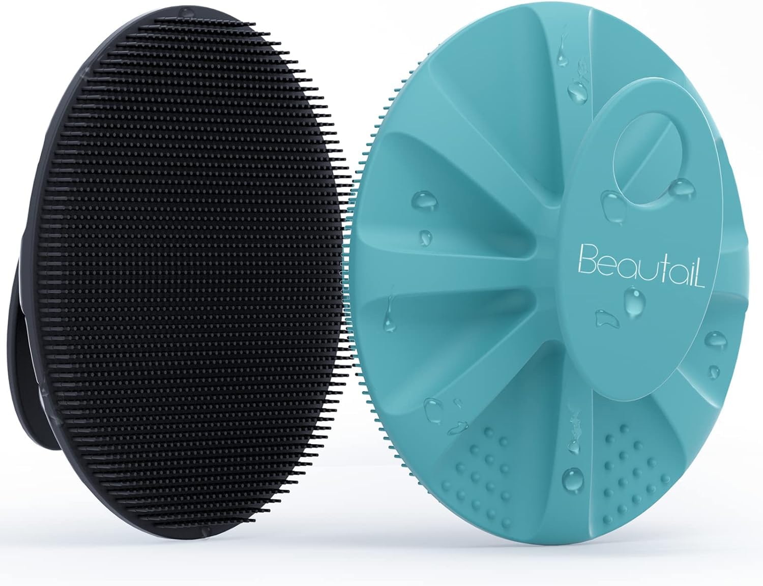 Silicone Body Scrubber 2 Pack, BEAUTAIL Shower Bath Wash Brush, Gentle Exfoliating Scrub Cleansing Loofah for Women Men Baby Sensitive Skin, Easy to Clean, Lather Nicely, More Hygienic, Black+Cyan