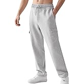 Gihuo Cargo Sweatpants for Men Athletic Baggy Fleece Pants Open Bottom Wide Leg Drawstring Joggers with Pockets