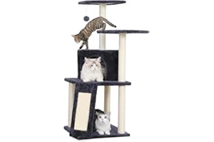 KSIIA Cat Tree for Indoor Cats 43 Inch Tall Cat Climbing Tower with Sisal-Covered Scratching Post & Board Modern Kittens Activity Condo House with Plush Perch, Grey