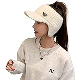 YUSSTAR Open Beanie with Earflaps Visor Brim Bun Ponytail Winter Golf Tennis Hats Women