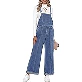 Vetinee Womens Overalls Denim Loose Fit Wide Leg Bib Stretch Baggy Jeans Jumpsuit Y2K Comfy
