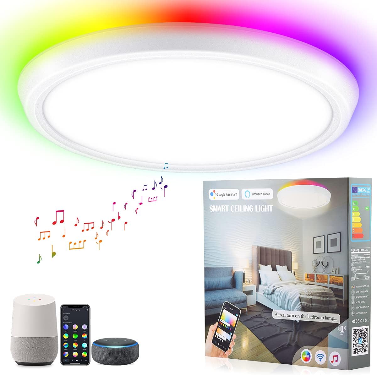 Ansody Smart LED Ceiling Light Flush Mount, WiFi Voice Control 16 Million RGB Color Changing, Light Fixtures Ceiling Mount with Alexa Google Home, 35W 12 Inch, for Bedroom, Living Room