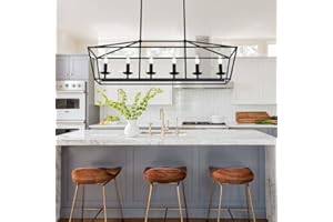 BONLICHT Modern Farmhouse Rectangle Dining Room Light Fixtures 6 Light Linear Chandelier Industrial Vintage Black Kitchen Island Pendant Lighting Classic Ceiling Lights with Adjustable Rods, E12 Base