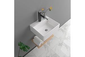 Lofeyo 13"x11" Wall Mounted Vessel Sink Bathroom Wall Hung Sink Rectangular White Porcelain Ceramic Vessel Vanity Sink Art Basin Middle Faucet Hole