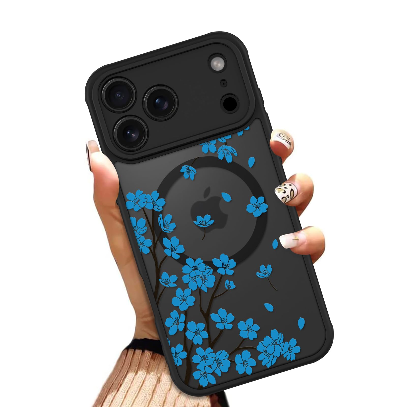 OOK Case for iPhone 17 Pro 6.3 Inch (Compatible with MagSafe) Cherry Blossom Blue Floral Flowers Translucent Phone Cover Soft TPU + Hard PC Anti-Scratch Shockproof Magnetic Cute Case for Women