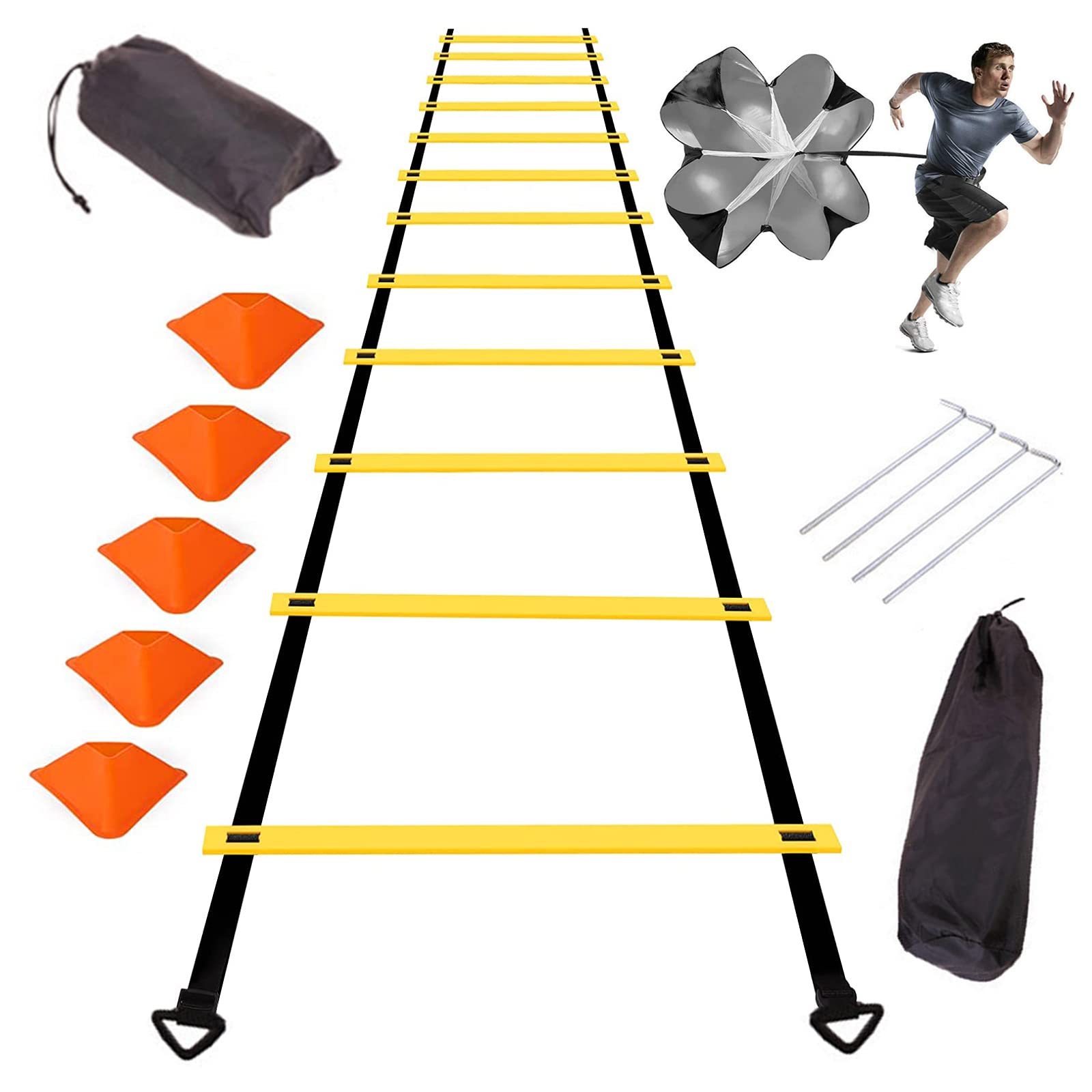 MOONCOOL 6M Agility Ladder 12-Rung Speed Ladder with Speed Parachute 5 Cones Football Training Equipment Speed Agility Training Kit
