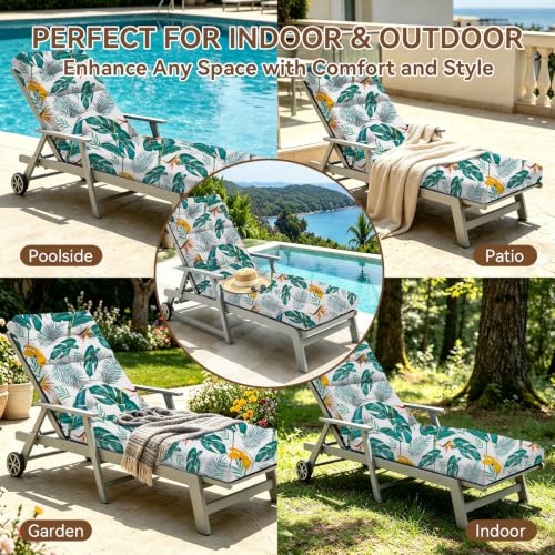 Chaise Lounge Cushion Outdoor, 100% Waterproof Memory Foam Lounge Chair Cushion with Ties for Indoor Outdoor Furniture, Thickened Pool Lounge Chair Cushions 74.4 x 22 x 4.7 Inches, Yellow-Green Leaf