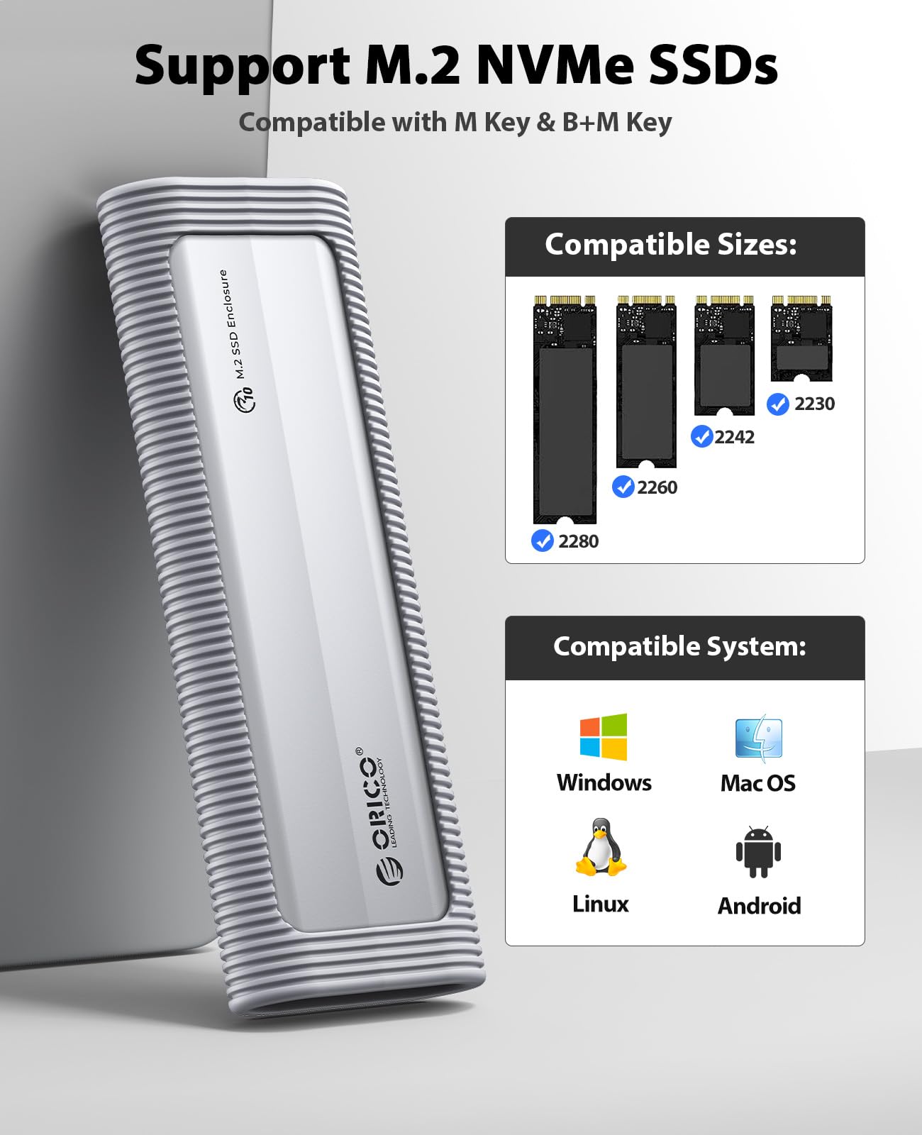 ORICO M.2 NVMe Gehäuse Werkzeugfreies, USB 3.2 10Gbps M2 SSD Gehäuse mit Silikon-Schutzhülle & Schlüsselband, Aluminium NVMe USB Adapter für NVMe PCIe M-Key SSD in 2230/2242/2260/2280-AXM2 6