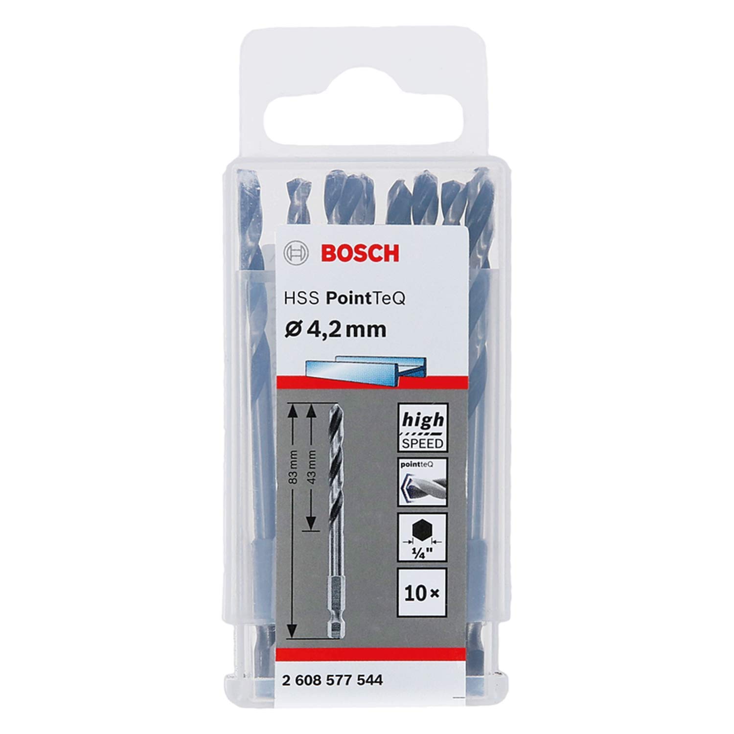 Bosch Professional 10pc PointTeQ Hex Drill Bit (for Metal, Ø: 4.2 mm, Total Length: 83 mm, ¼’’ Hex Shank, Accessory for Impact Drivers and Drill Drivers)