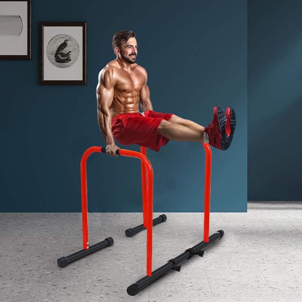 Adjustable Height Width Dip Stand Station Fitness Parallette Dip Bar Strength Training Equipment for Home Gym, with Stability Bar Easy Release Locking Pin, 330 LBS / 150 KG