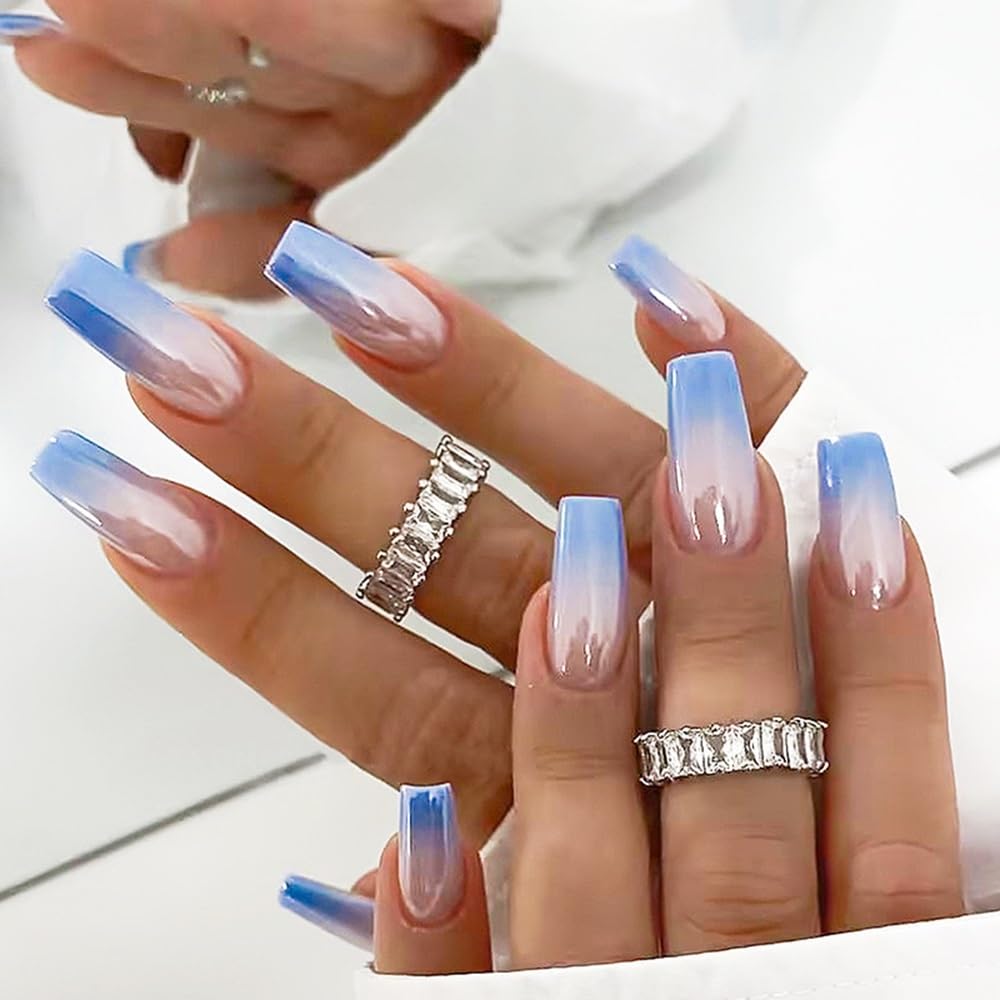 Press on Nails Square Medium Fake Nails Blue Ombre Glue on Nails Chrome Acrylic Nails Press ons Glossy Full Cover Stick on Nails with Bling Design Artificial Nails for Women Manicure Kit 24Pcs