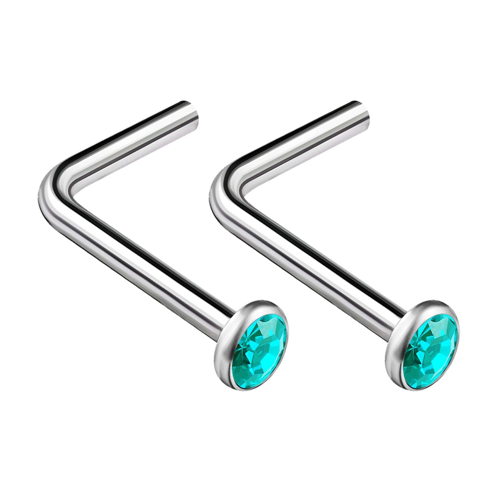 KJM FASHION 2PCS Surgical Steel L Shaped Nose Ring 18g 1mm 7mm Flesh Nostril Screw Blue Zircon Crystal Stud Piercing Jewellery 1289