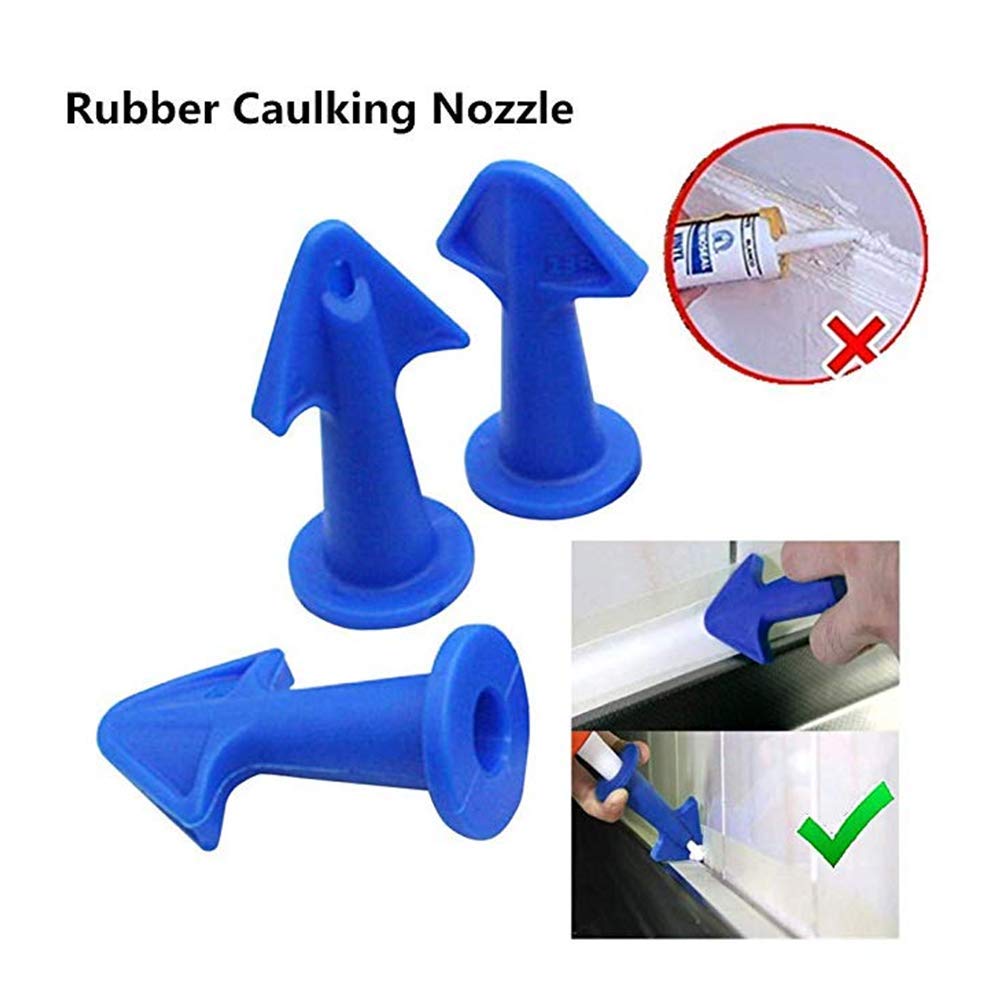 3 PCS Caulking Tool - Rubber Nozzle Plus Scrapers Kit Sealant Finishing Tool Grout Scraper for Fill in Cracks & Remove Excess Filler Rubber Caulking Finisher Nozzle for Kitchen Bathroom Window (Blue)