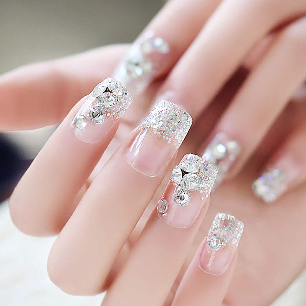 Fairvir Bridal Wedding Fake Nails Bling Rhinestone Full Cover Acrylic False Nail Party Prom Glitter Clip Press on Nails for Women and Girls(24Pcs)